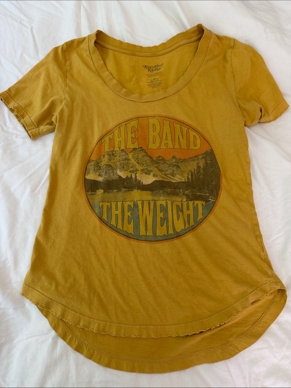 Recycled Karma Women's Mustard Graphic 'The Band The Weight' Tee